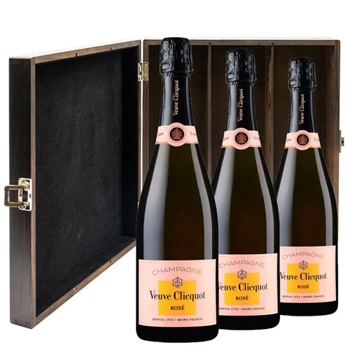 Veuve Clicquot Rose Label 75cl Treble Elm Wood Gift Boxed Champagne (3x75cl)